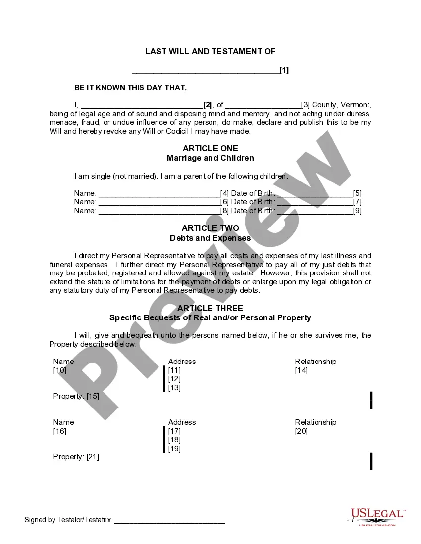 Preview Last Will and Testament for Single Person with Adult and Minor Children