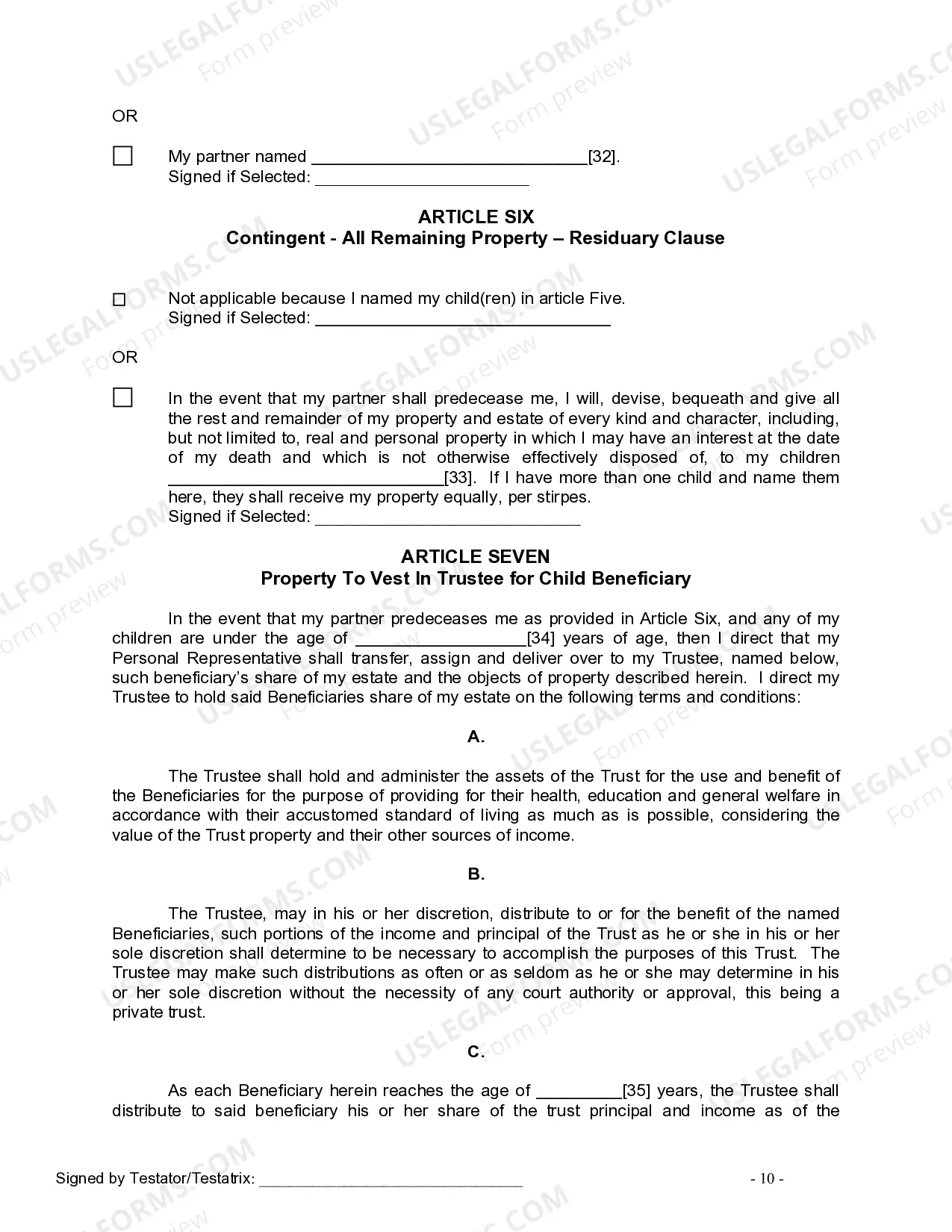 Preview Last Will and Testament for Civil Union Partner with Minor Children from Prior Marriage