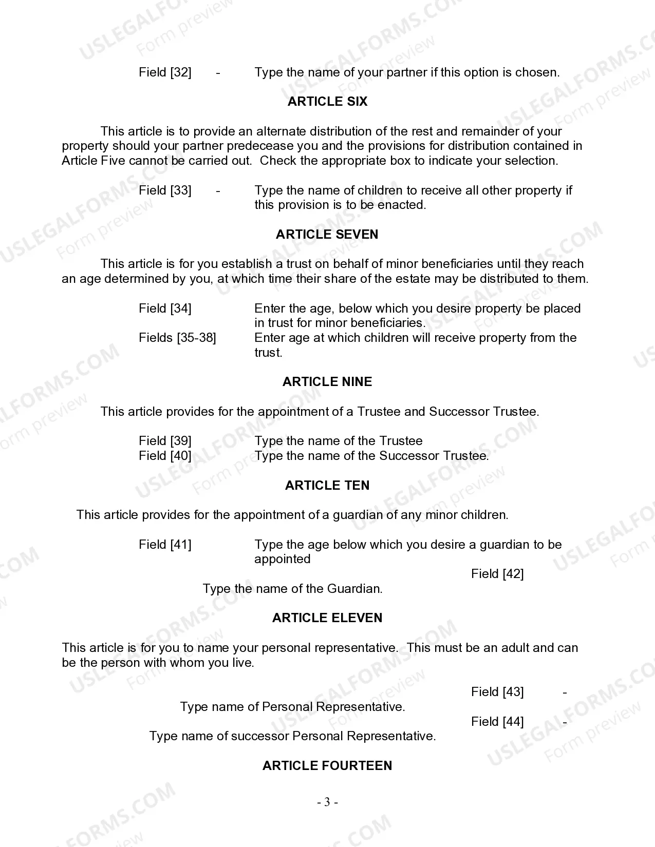 Preview Last Will and Testament for Civil Union Partner with Minor Children from Prior Marriage