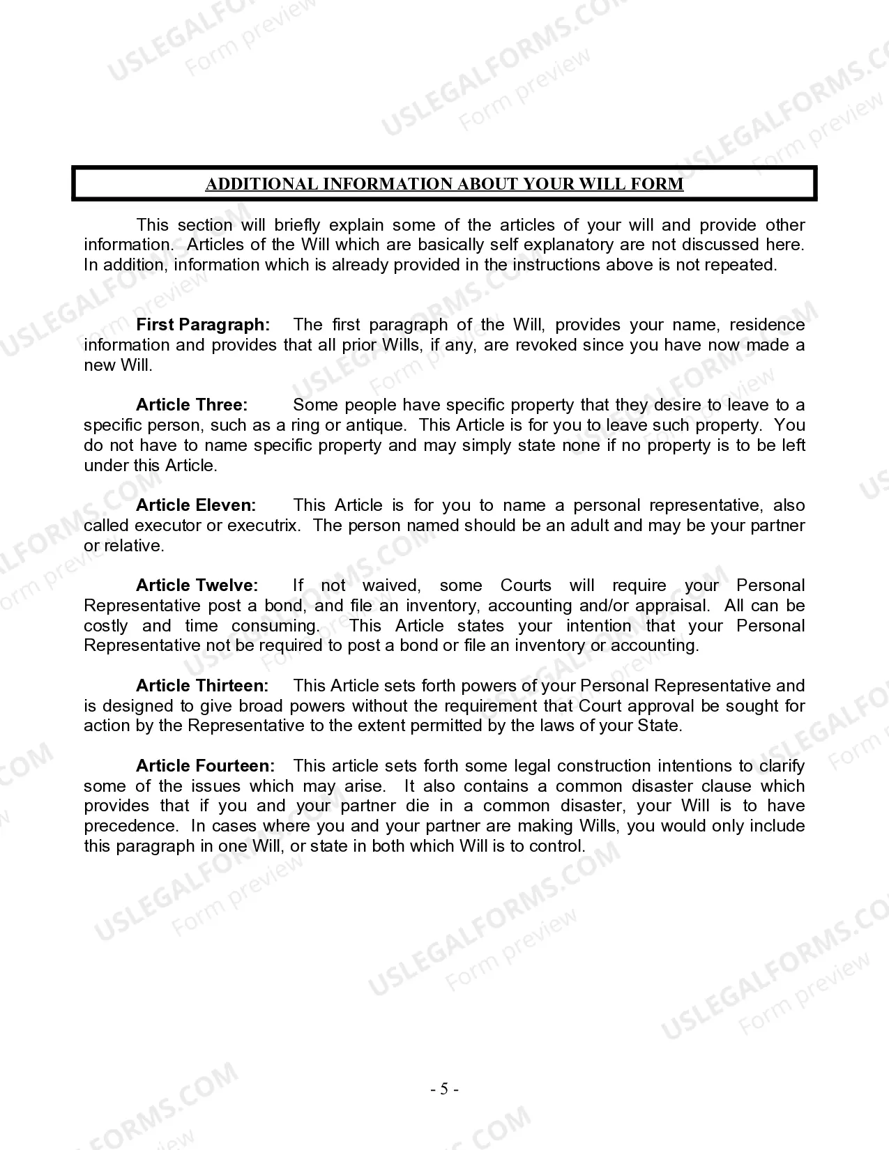 Preview Last Will and Testament for Civil Union Partner with Minor Children from Prior Marriage