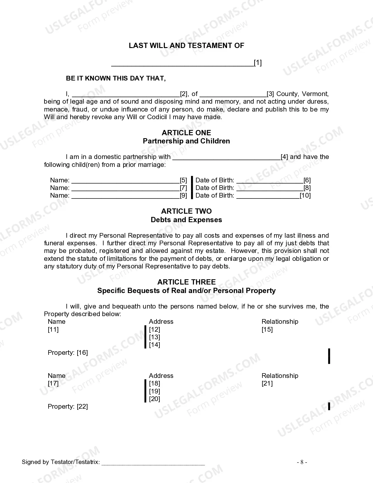 Preview Last Will and Testament for Civil Union Partner with Minor Children from Prior Marriage