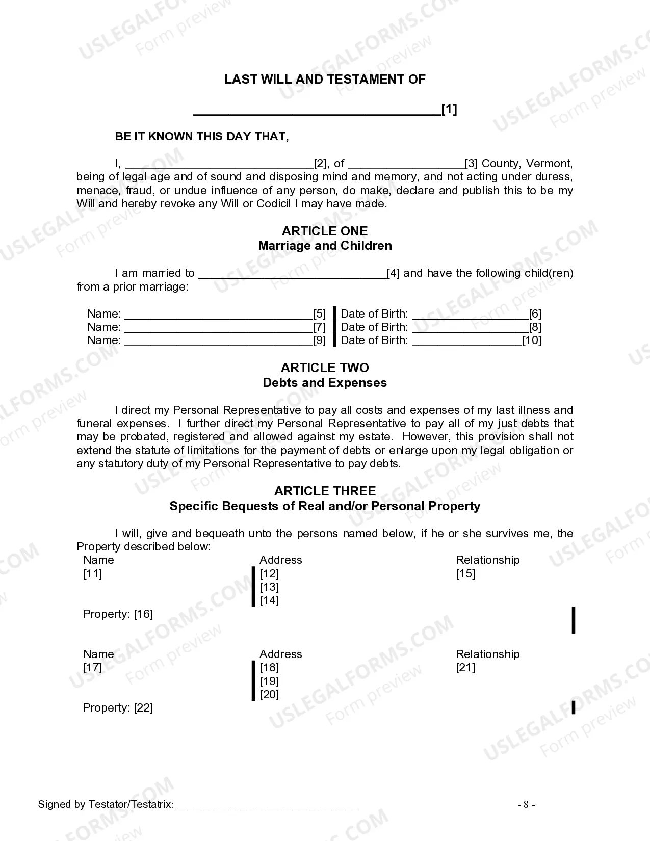 Preview Last Will and Testament for Married Person with Minor Children from Prior Marriage