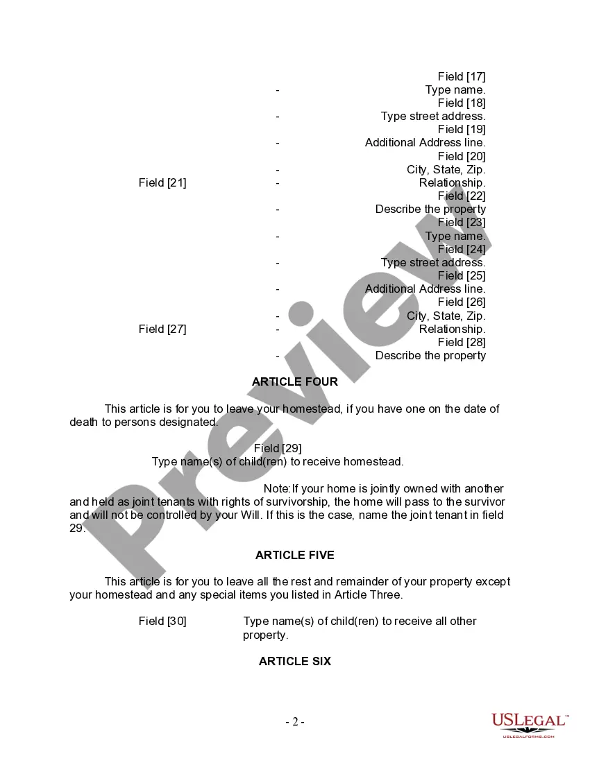 Preview Last Will and Testament for Divorced person not Remarried with Adult Children