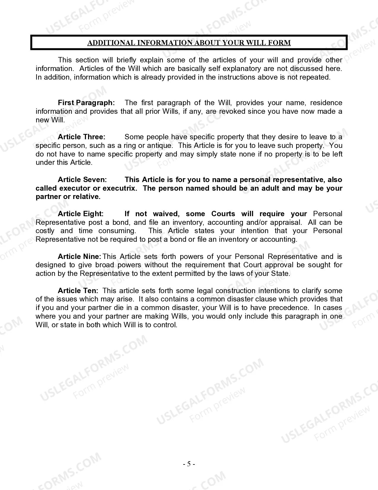 Preview Last Will and Testament for Civil Union Partner with Adult Children