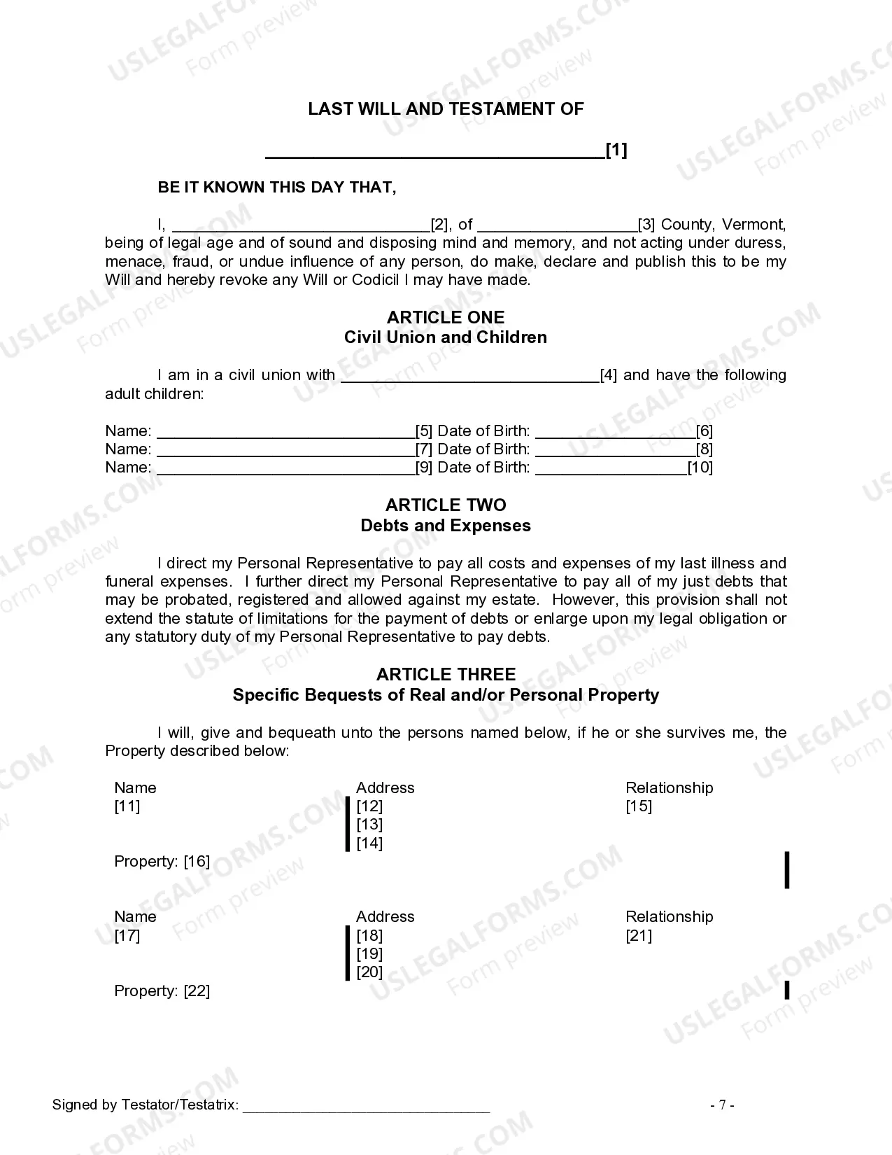 Preview Last Will and Testament for Civil Union Partner with Adult Children