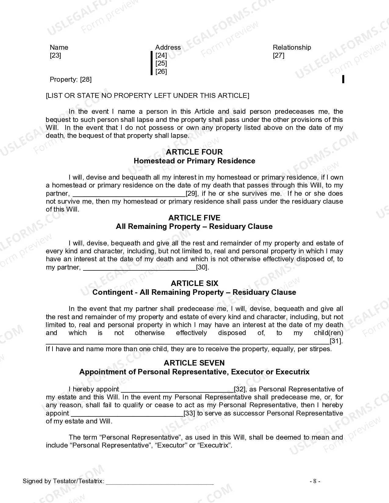 Preview Last Will and Testament for Civil Union Partner with Adult Children
