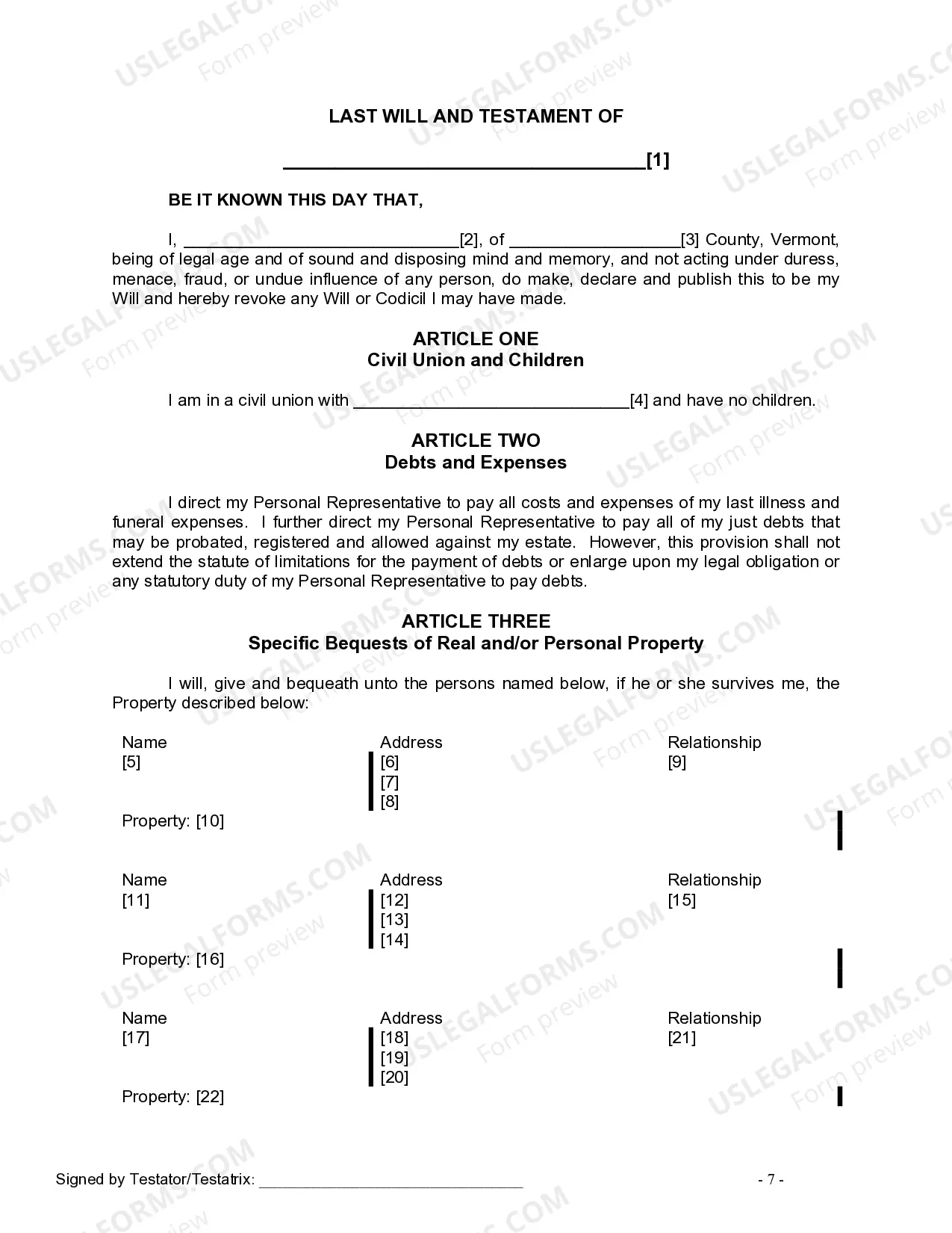 Preview Last Will and Testament for a Civil Union Partner With No Children