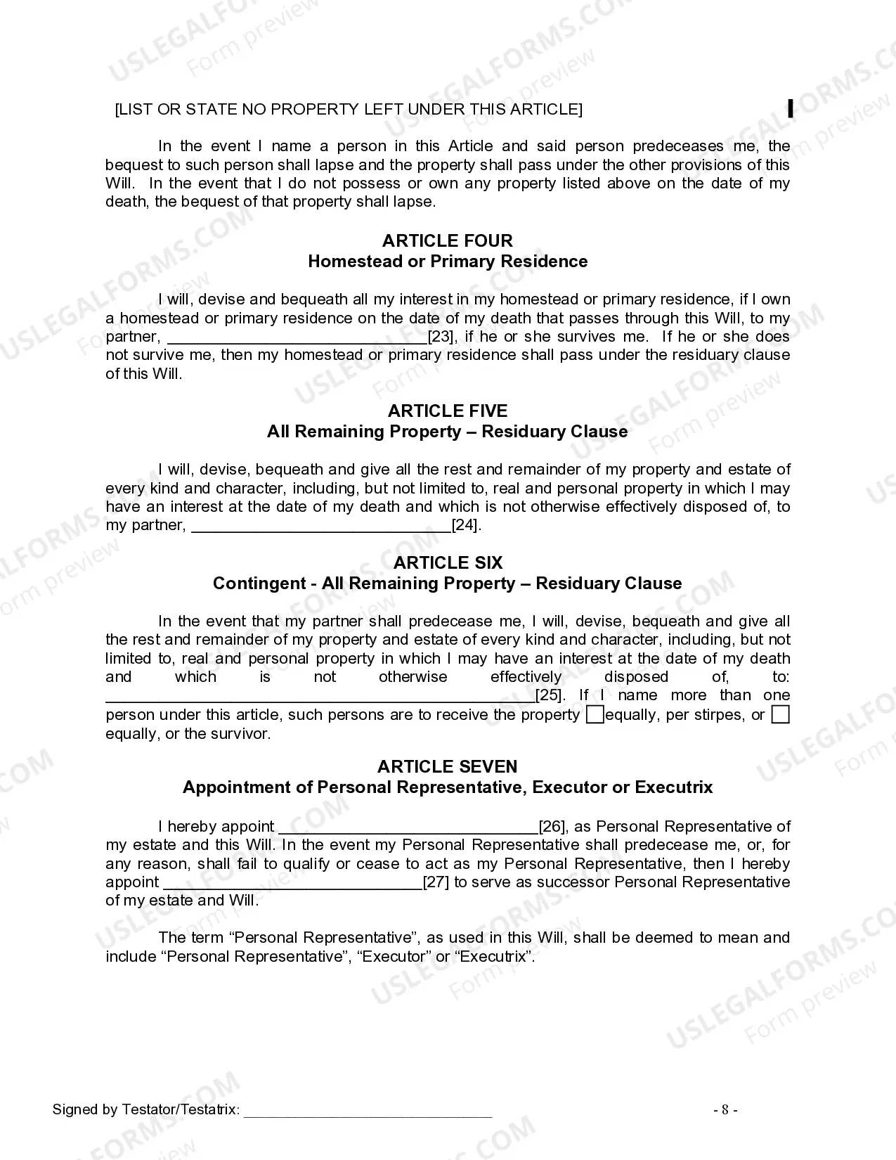 Preview Last Will and Testament for a Civil Union Partner With No Children