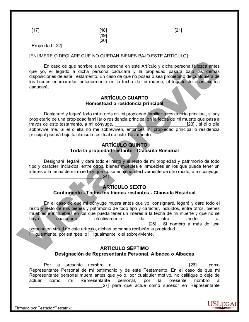 Preview Formulario de última voluntad y testamento legal para una persona casada sin hijos