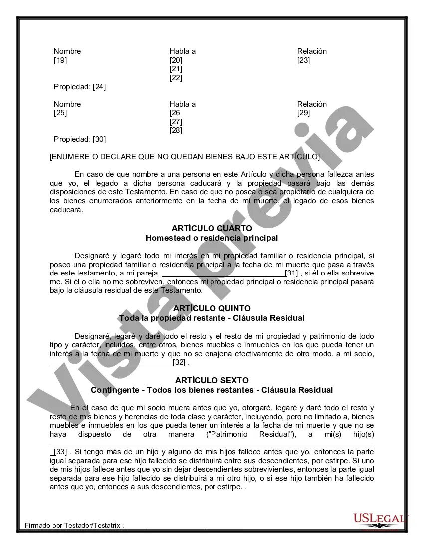 Preview Formulario Legal de Última Voluntad y Testamento para Pareja de Unión Civil con Hijos Menores