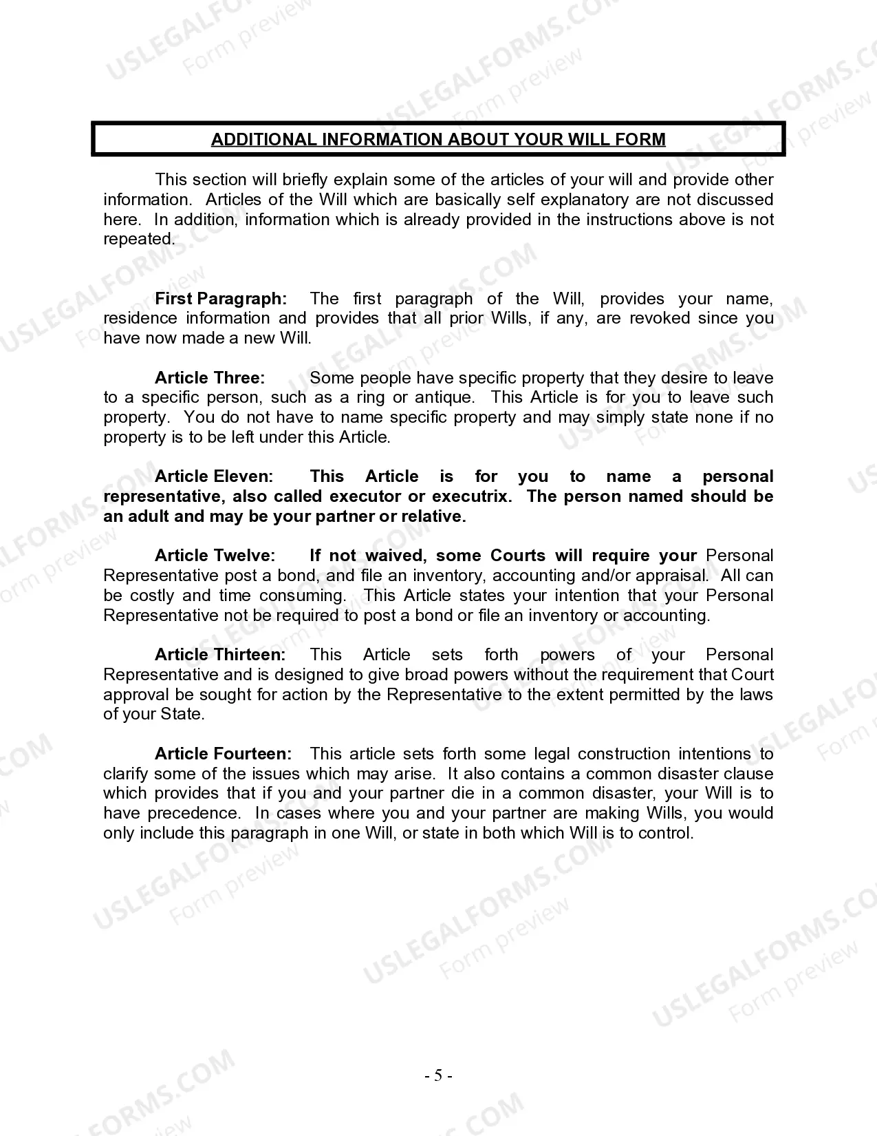 Preview Last Will and Testament for Civil Union Partner with Minor Children