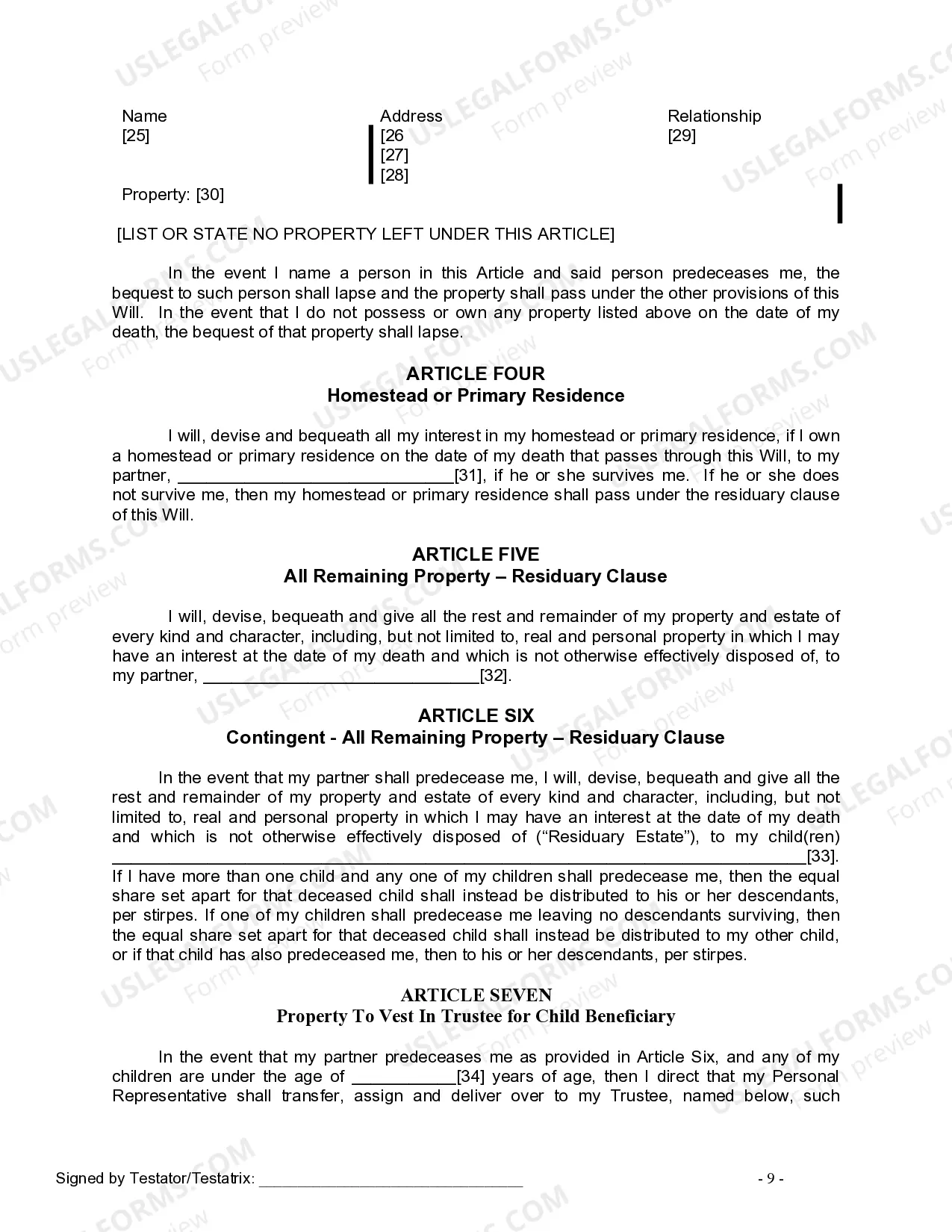 Preview Last Will and Testament for Civil Union Partner with Minor Children