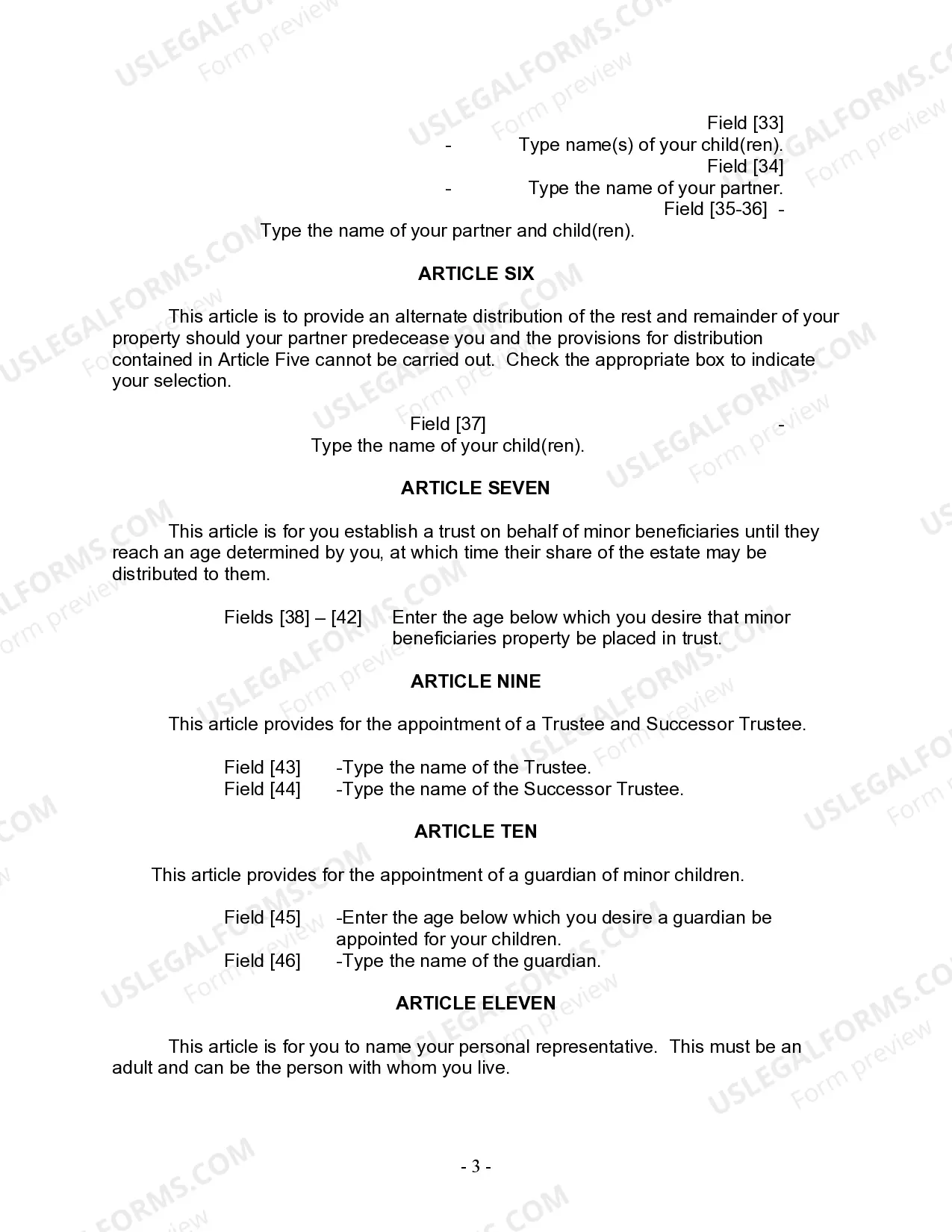 Preview Last Will and Testament for Civil Union Partner with Adult and Minor Children from Prior Marriage