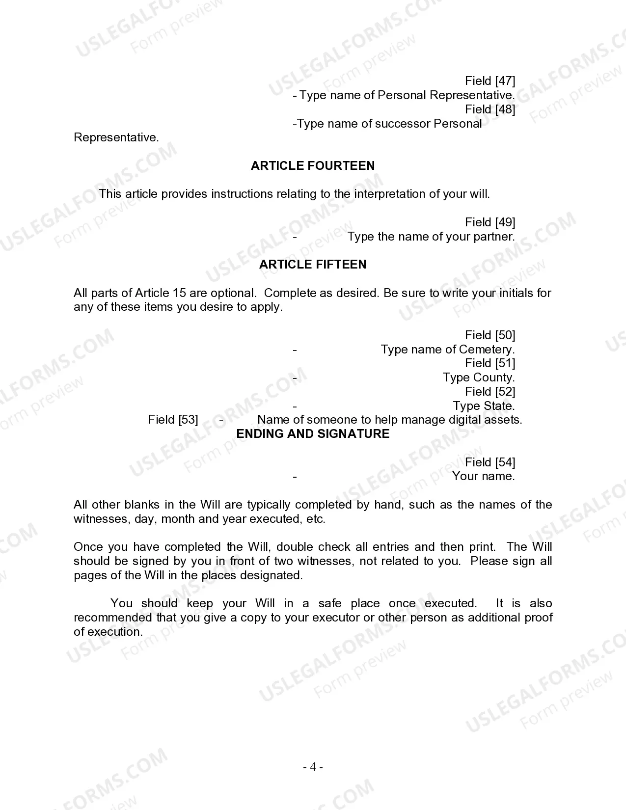 Preview Last Will and Testament for Civil Union Partner with Adult and Minor Children from Prior Marriage