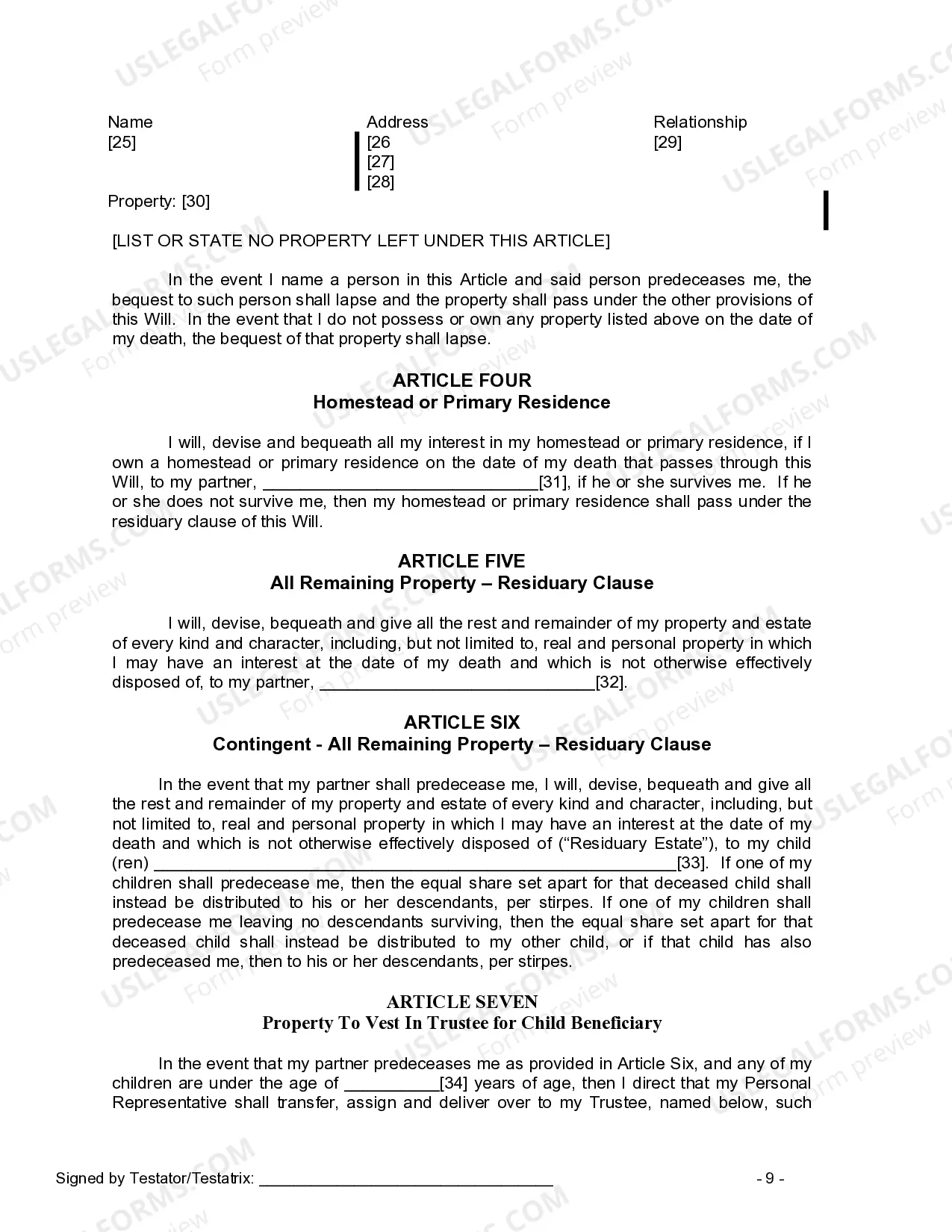 Preview Last Will and Testament for Civil Union Partner with Adult and Minor Children