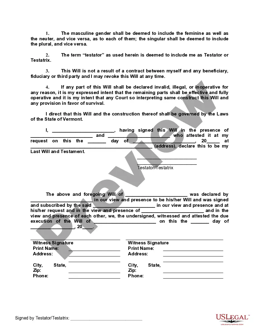 Preview Last Will and Testament with All Property to Trust called a Pour Over Will