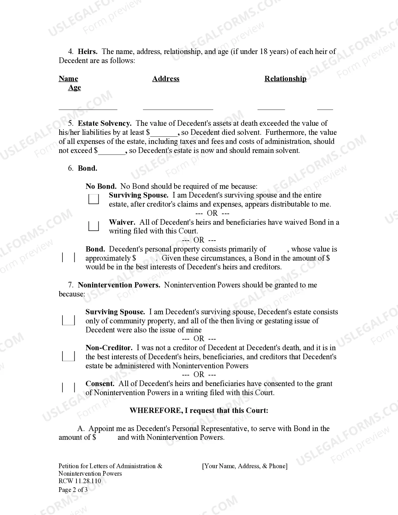 Preview Washington Petition for Letters of Administration & Nonintervention Powers