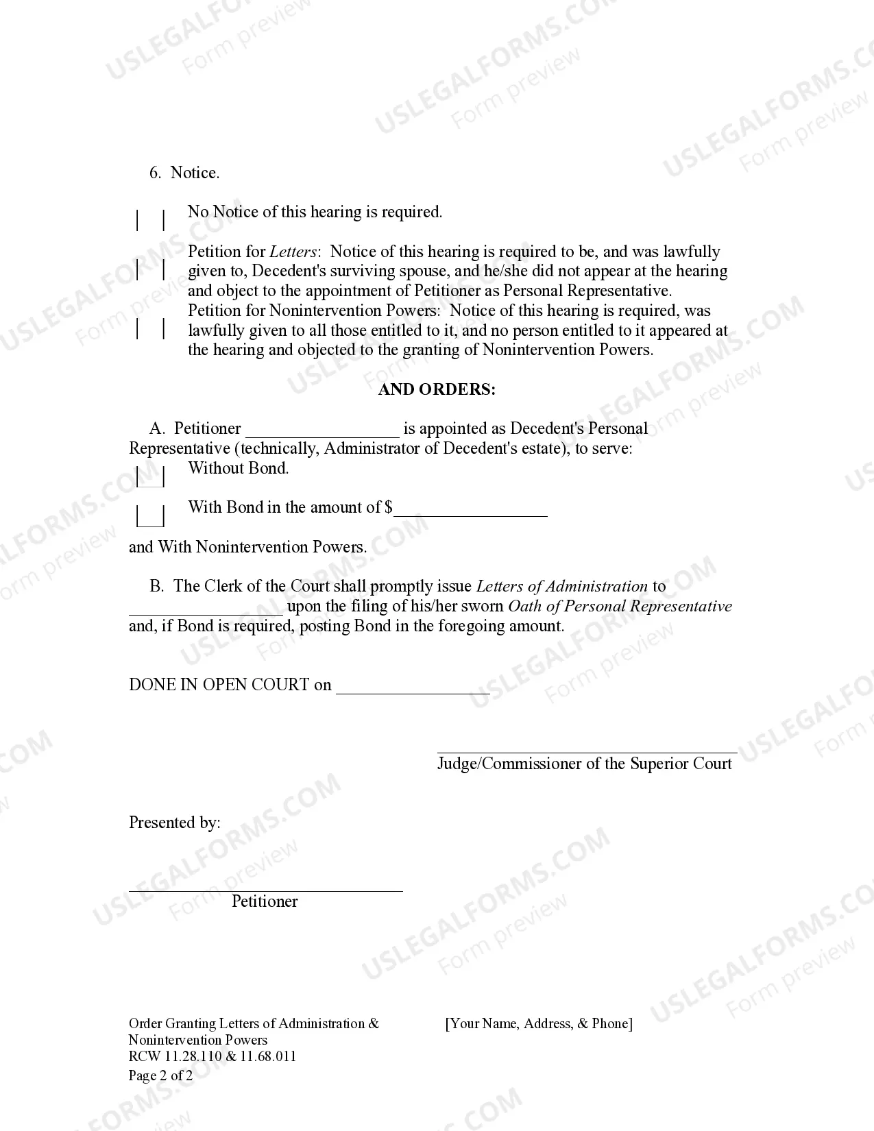 Preview Order Granting Letters of Administration & Nonintervention Powers