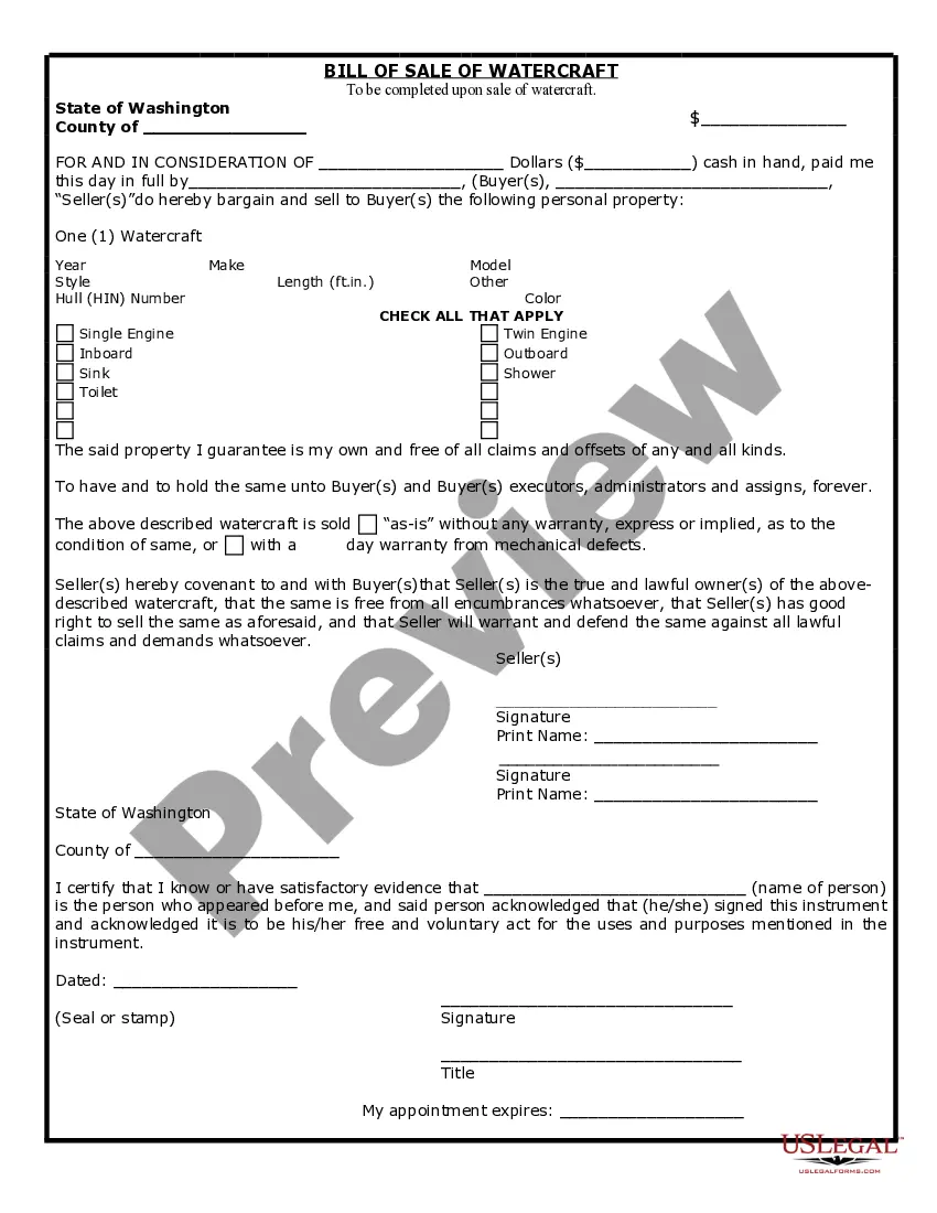 Preview Bill of Sale for WaterCraft or Boat