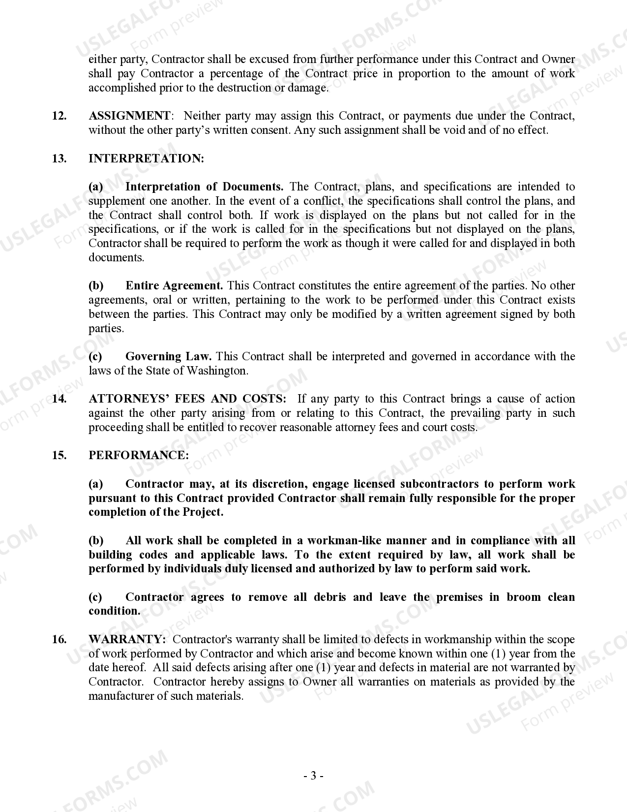 Washington Fencing Contract for Contractor Fencing Contract US