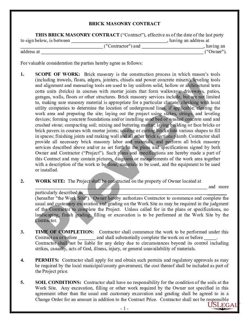page 0 Brick Mason Contract for Contractor preview