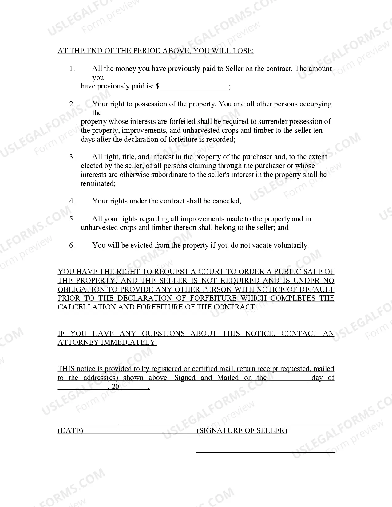 Preview Notice of Intent to Enforce Forfeiture Provisions of Contact for Deed