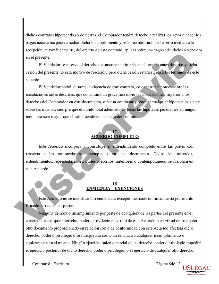 Preview Acuerdo o Contrato de Escritura de Venta y Compra de Bienes Raíces a/k/a Terreno o Contrato de Ejecución