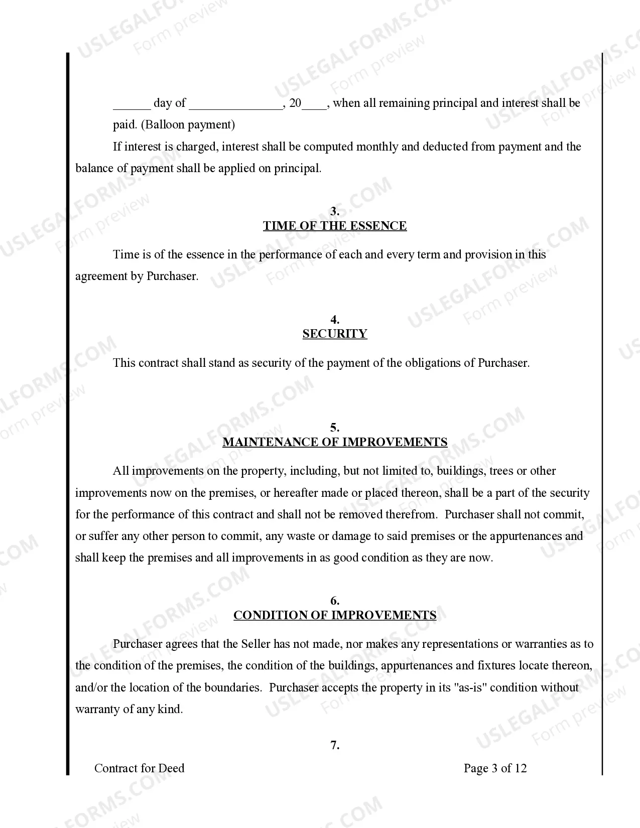 Preview Agreement or Contract for Deed for Sale and Purchase of Real Estate a/k/a Land or Executory Contract