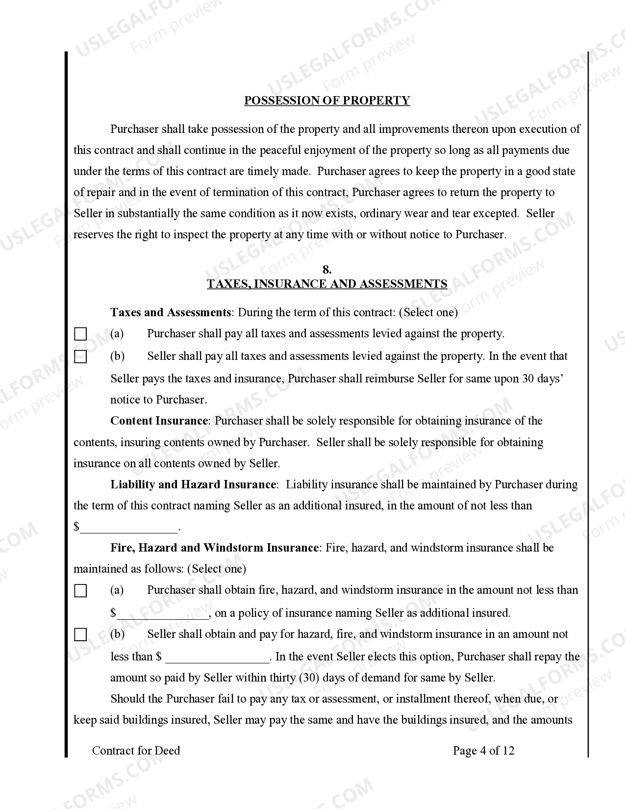 Preview Agreement or Contract for Deed for Sale and Purchase of Real Estate a/k/a Land or Executory Contract