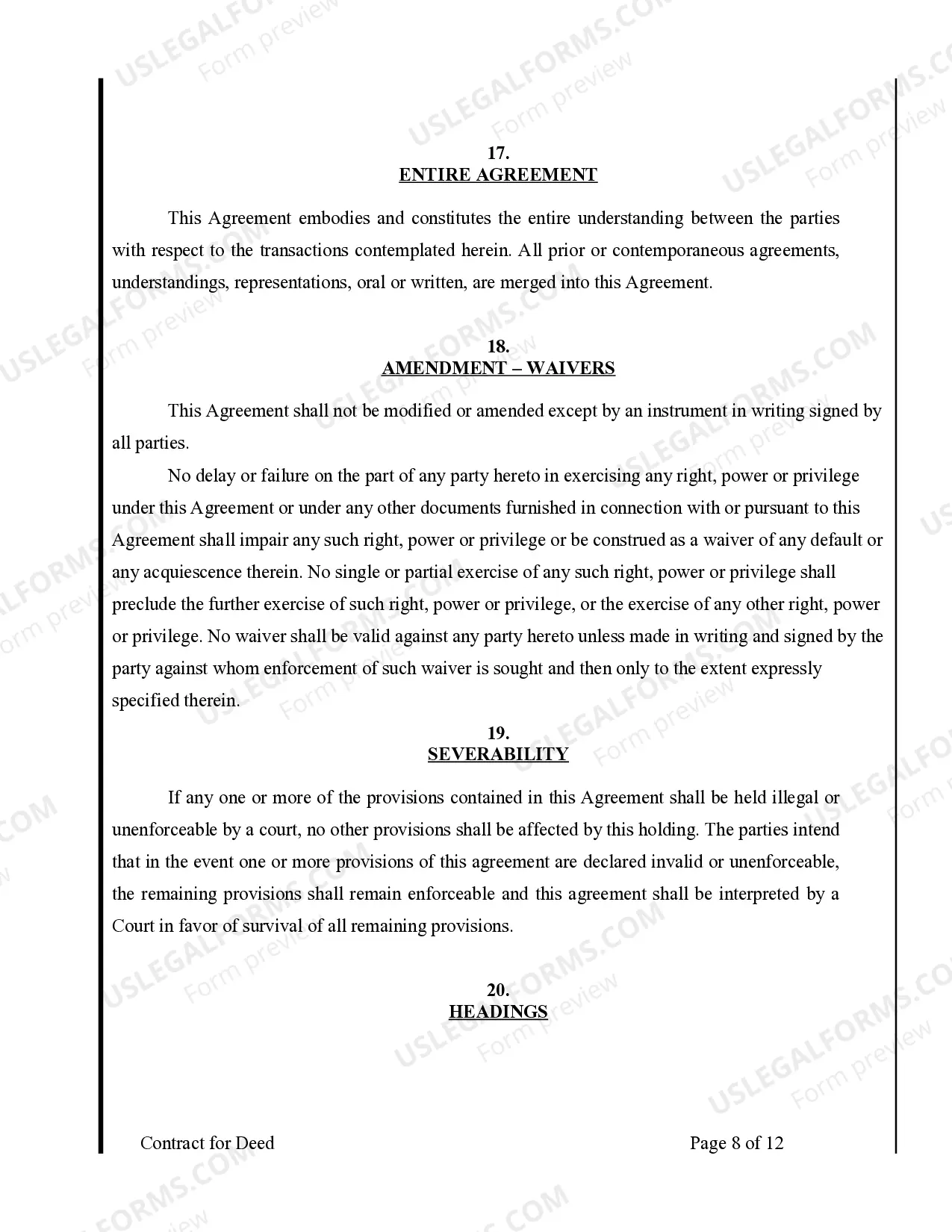 Preview Agreement or Contract for Deed for Sale and Purchase of Real Estate a/k/a Land or Executory Contract