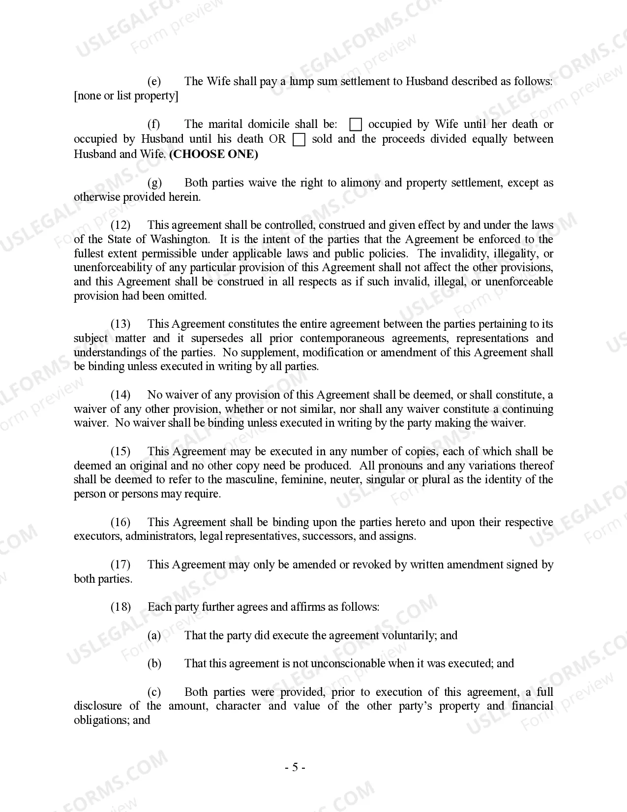 Preview Washington Prenuptial Premarital Agreement without Financial Statements