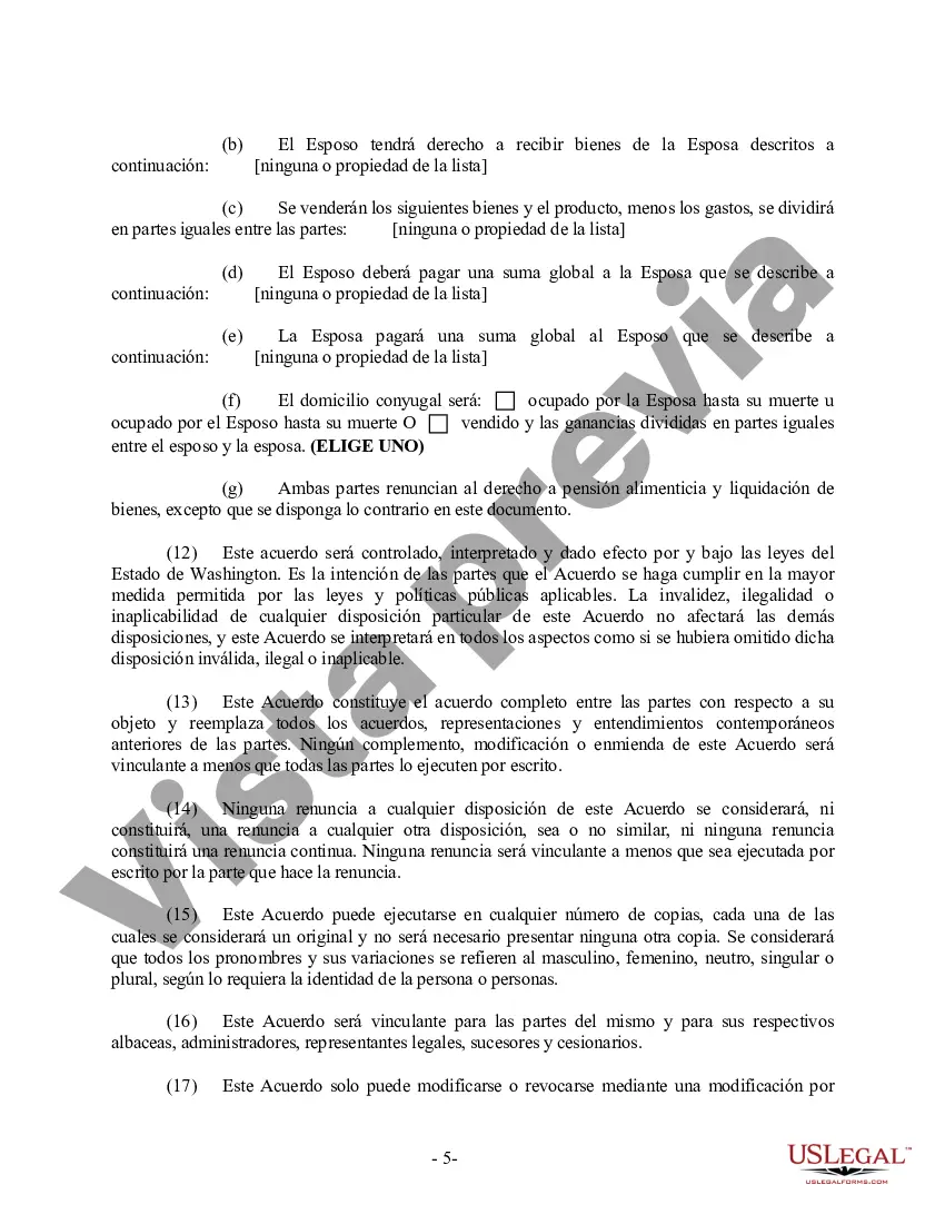 Preview Acuerdo prematrimonial prenupcial de Washington con estados financieros