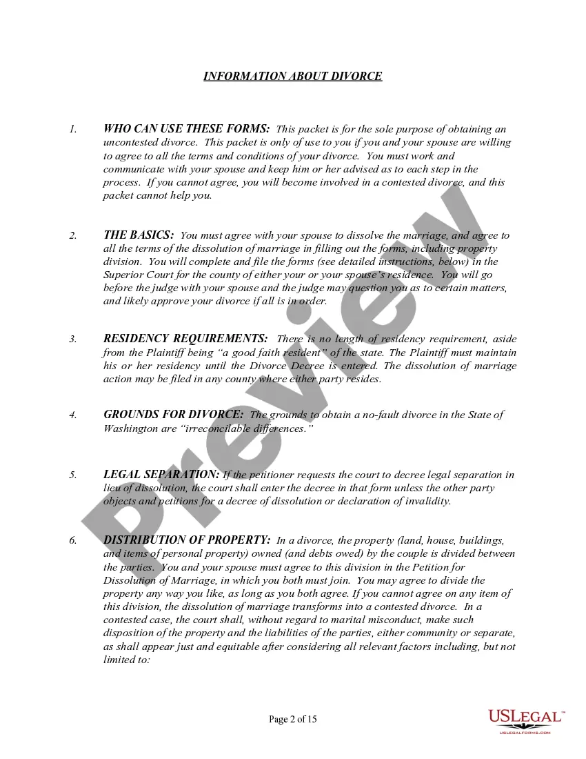 Preview Washington No-Fault Agreed Uncontested Divorce Package for Dissolution of Marriage for people with Minor Children