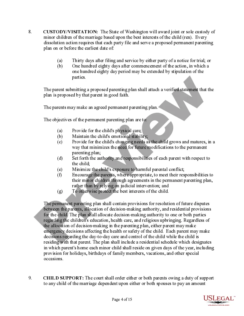 Preview Washington No-Fault Agreed Uncontested Divorce Package for Dissolution of Marriage for people with Minor Children