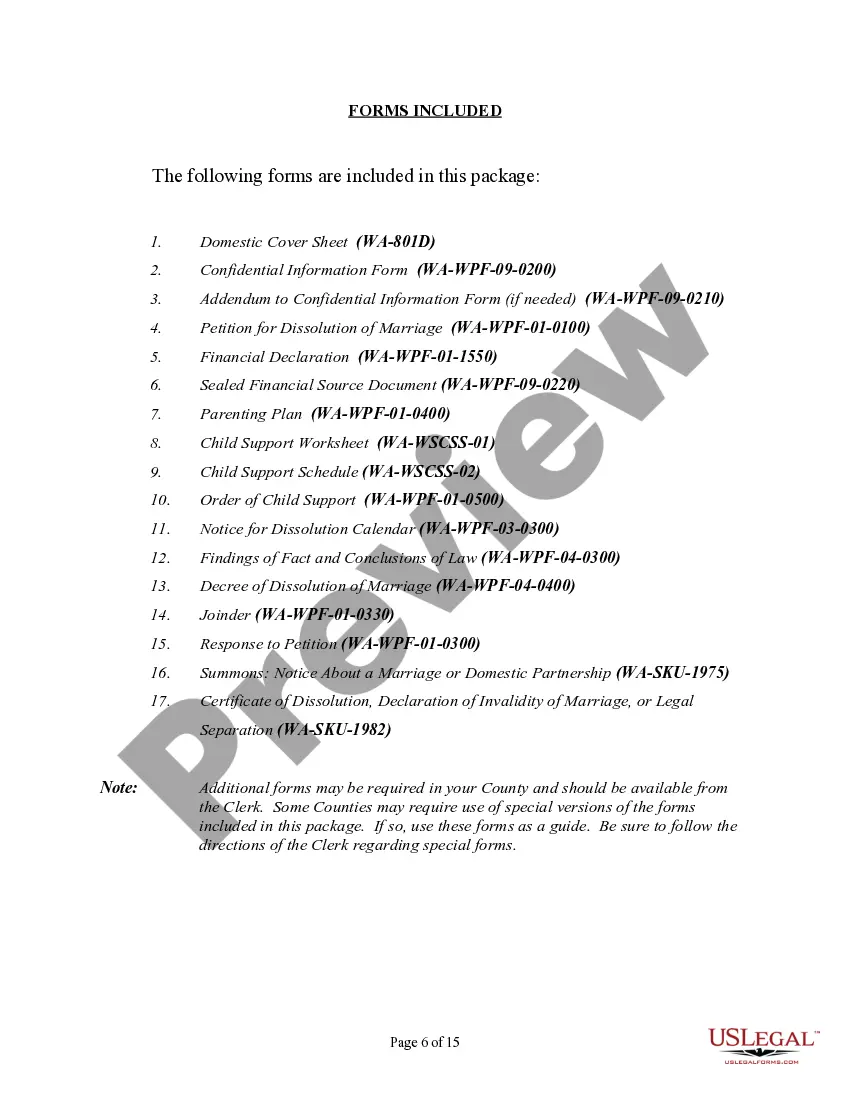 Preview Washington No-Fault Agreed Uncontested Divorce Package for Dissolution of Marriage for people with Minor Children