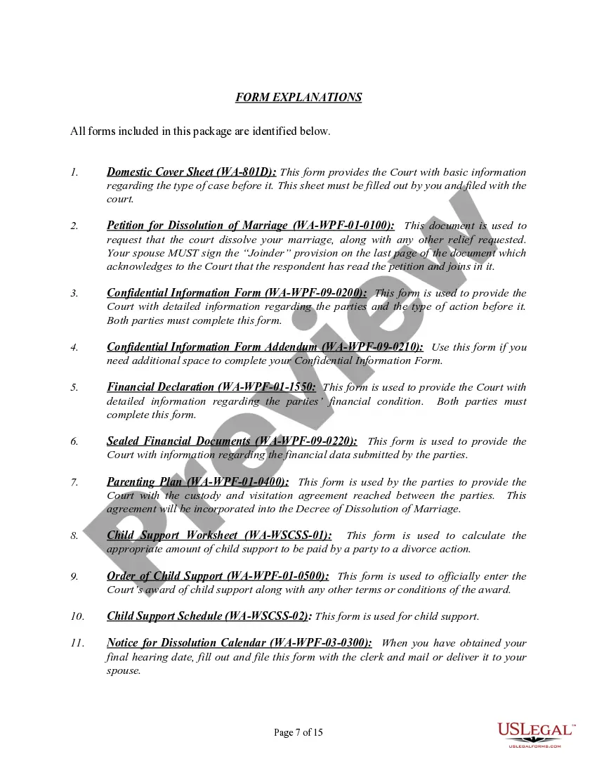 Preview Washington No-Fault Agreed Uncontested Divorce Package for Dissolution of Marriage for people with Minor Children