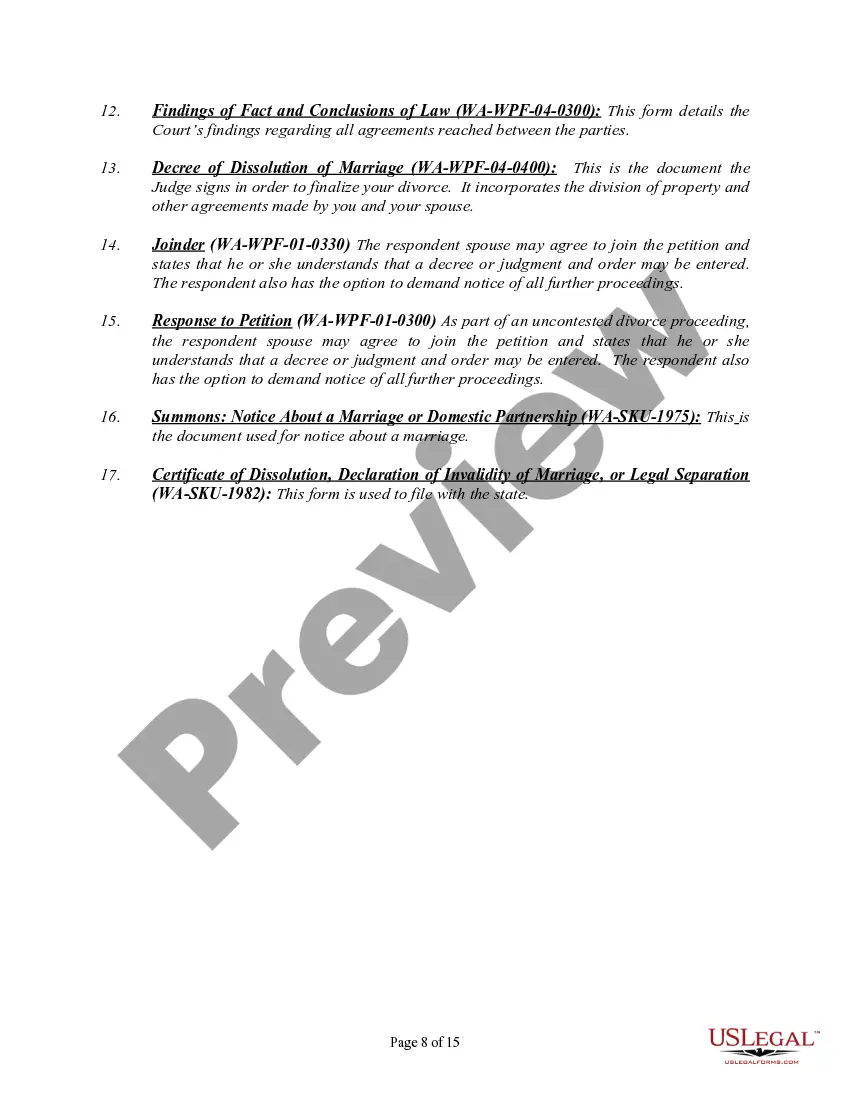 Preview Washington No-Fault Agreed Uncontested Divorce Package for Dissolution of Marriage for people with Minor Children