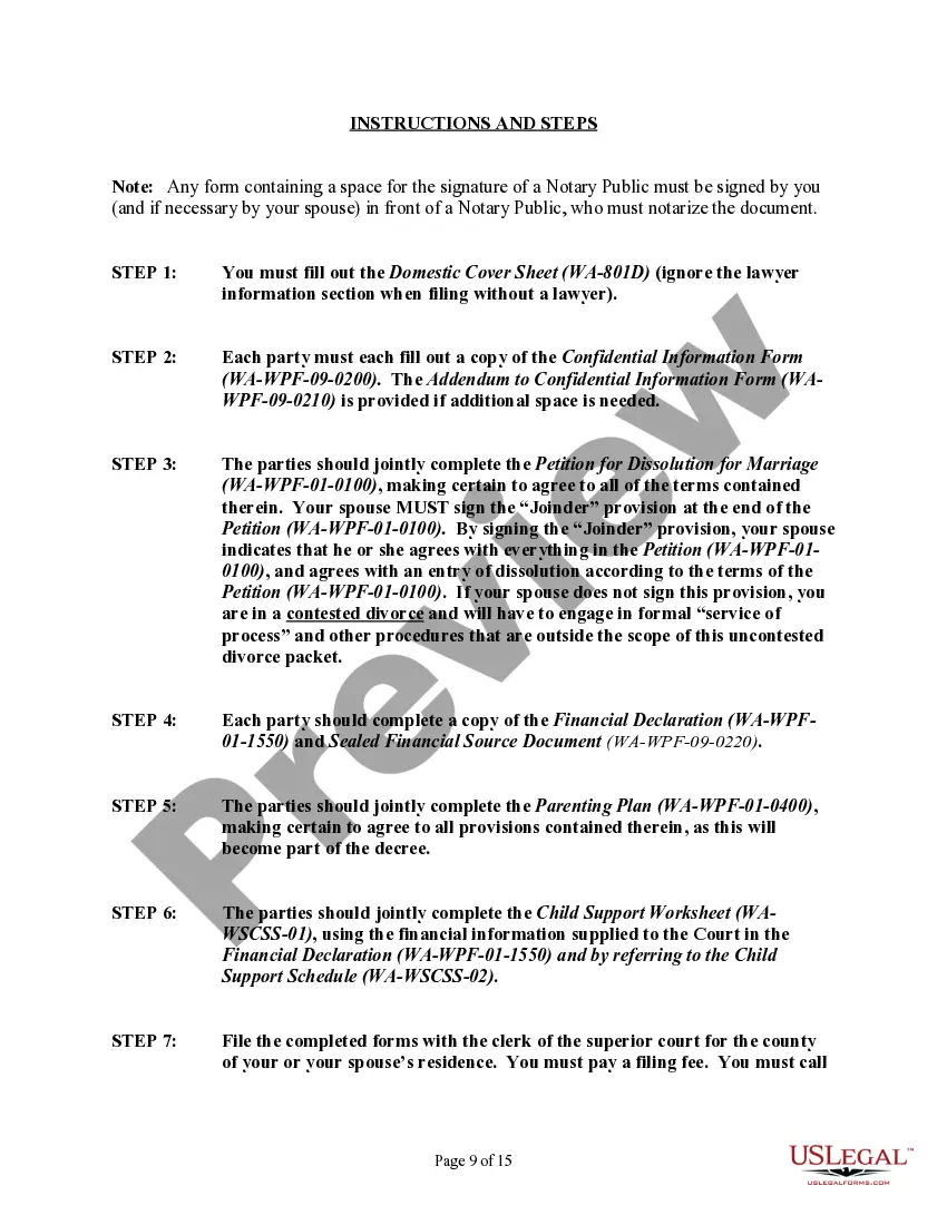 Preview Washington No-Fault Agreed Uncontested Divorce Package for Dissolution of Marriage for people with Minor Children