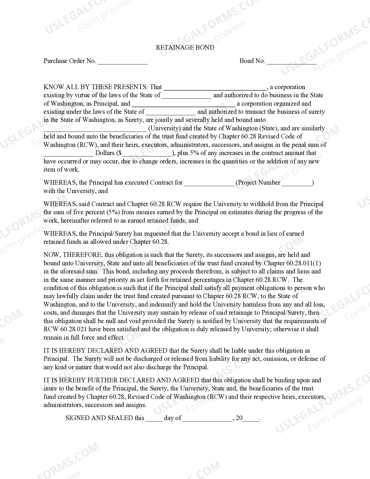 Washington Retainage Bond US Legal Forms