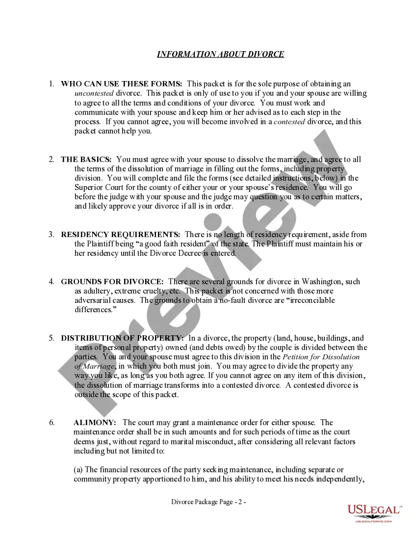 Preview Washington No-Fault Agreed Uncontested Divorce Package for Dissolution of Marriage for Persons with No Children with or without Property and Debts