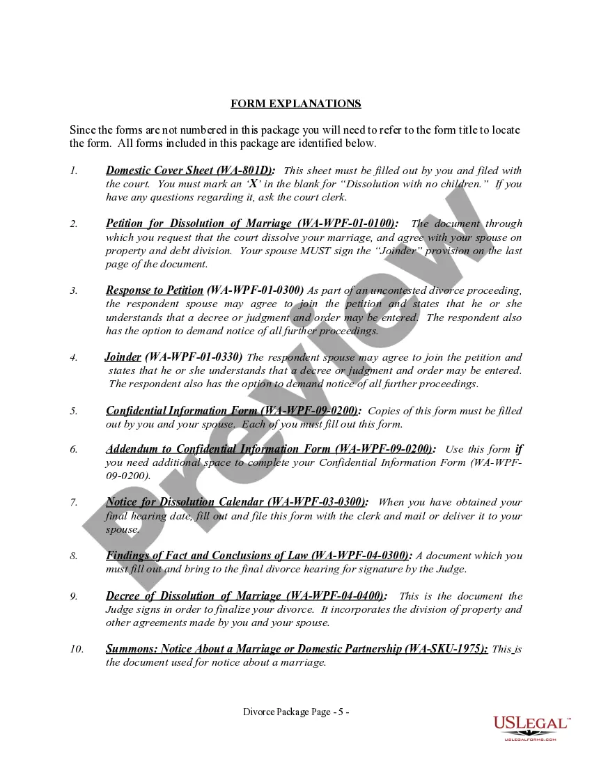 Preview Washington No-Fault Agreed Uncontested Divorce Package for Dissolution of Marriage for Persons with No Children with or without Property and Debts