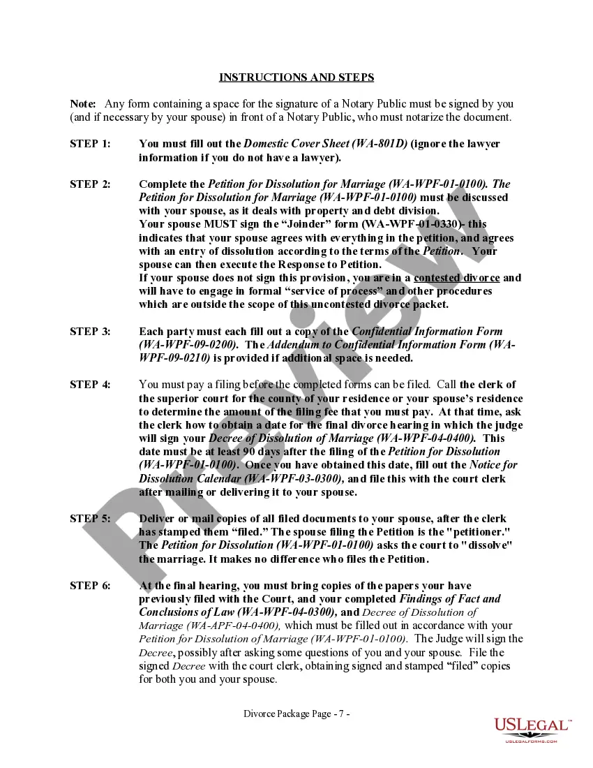 Preview Washington No-Fault Agreed Uncontested Divorce Package for Dissolution of Marriage for Persons with No Children with or without Property and Debts