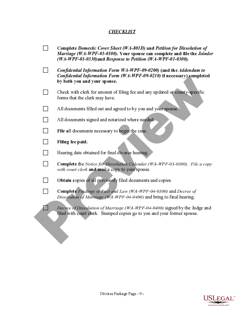 Preview Washington No-Fault Agreed Uncontested Divorce Package for Dissolution of Marriage for Persons with No Children with or without Property and Debts