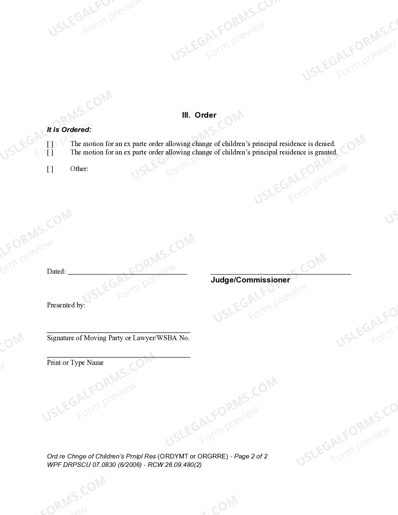 Preview WPF DRPSCU 07.0830 Ex Parte Order to Change Children's Principal Residence - Relocation