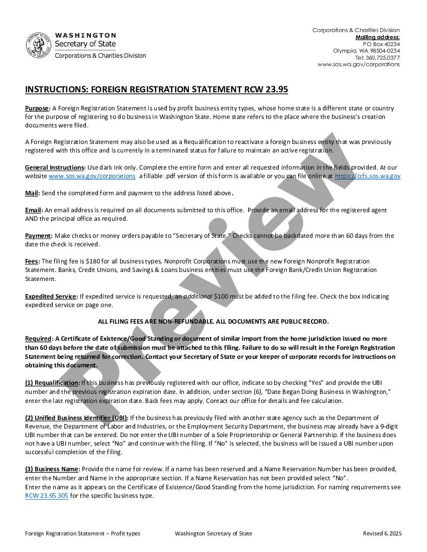 Washington Foreign Corporation Registration For Authority US Legal Forms