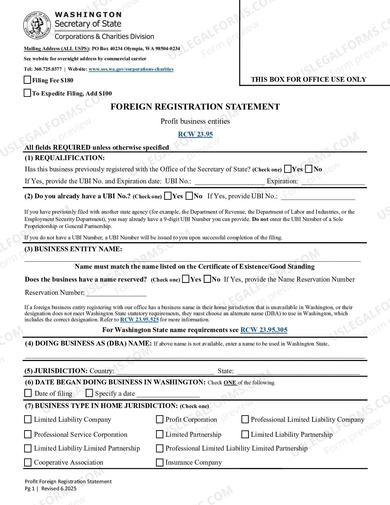 Preview Washington Registration of Foreign Corporation