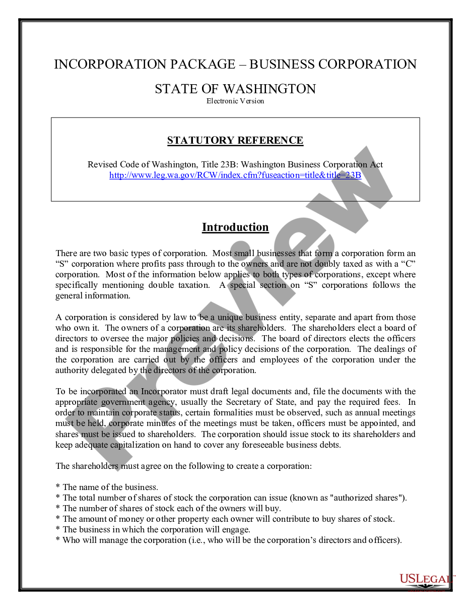 page 1 Washington Business Incorporation Package to Incorporate Corporation preview
