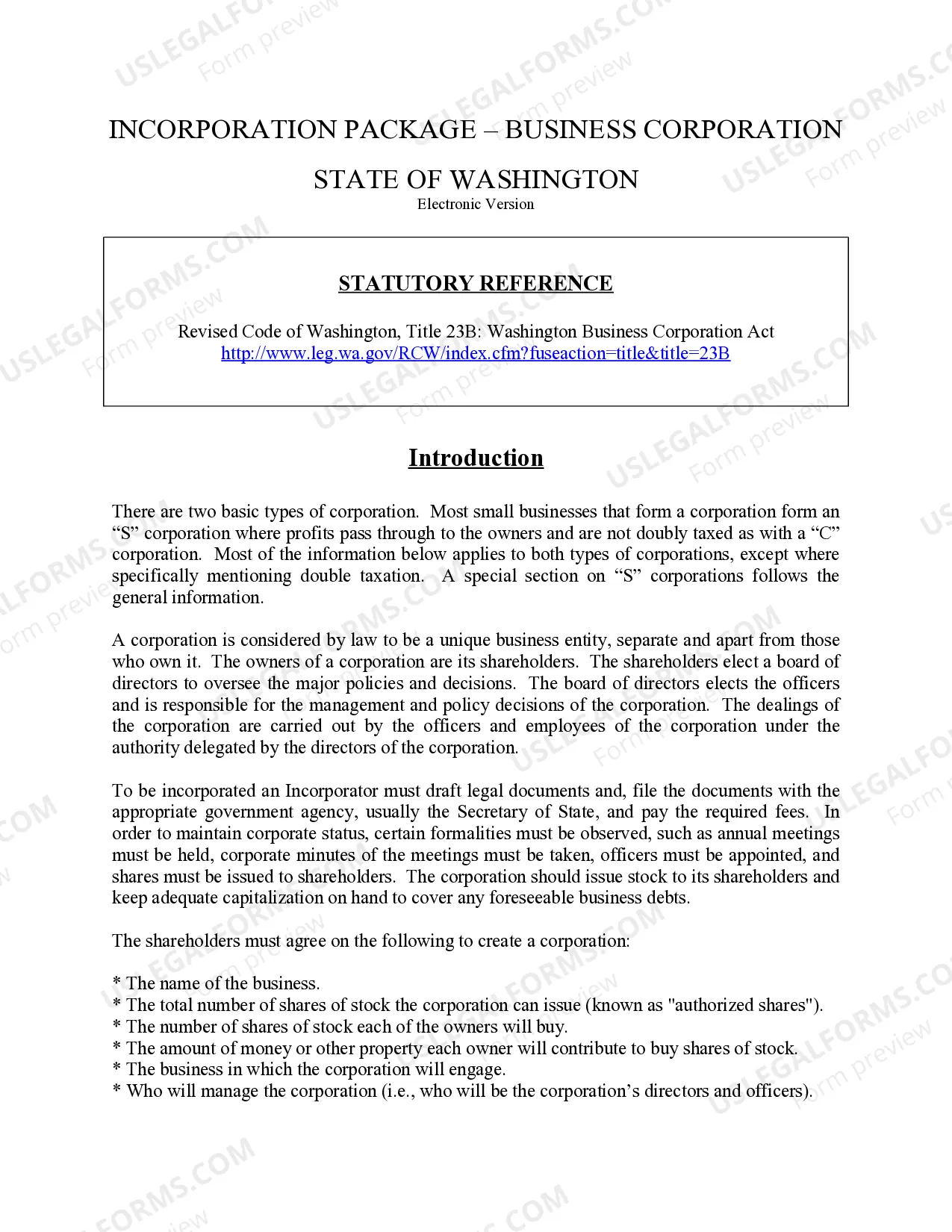 Preview Washington Business Incorporation Package to Incorporate Corporation
