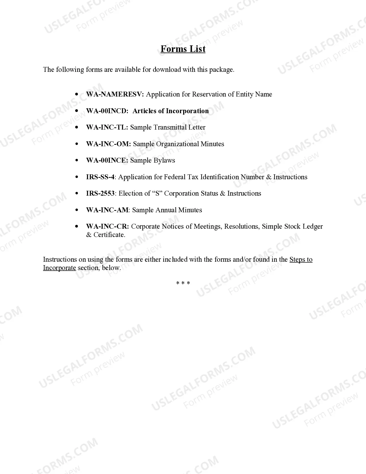 Preview Washington Business Incorporation Package to Incorporate Corporation