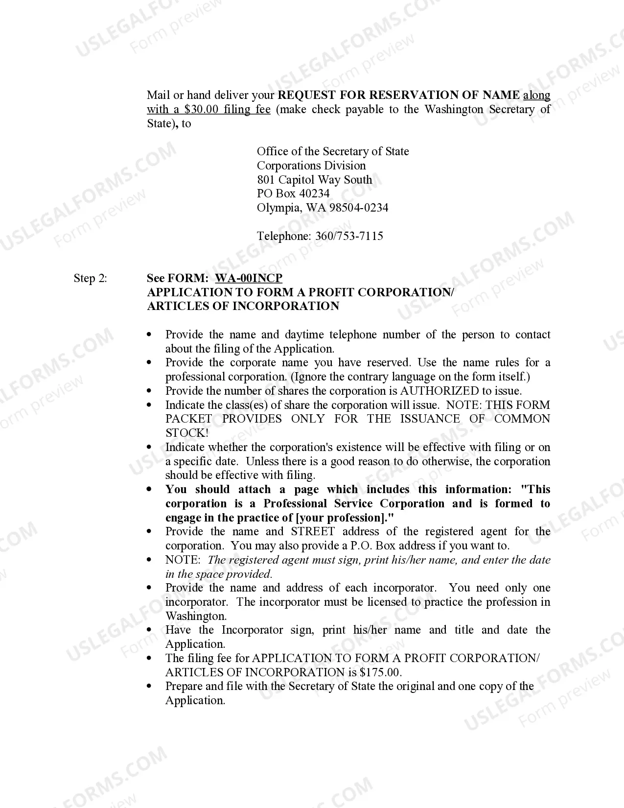Preview Professional Corporation Package for Washington